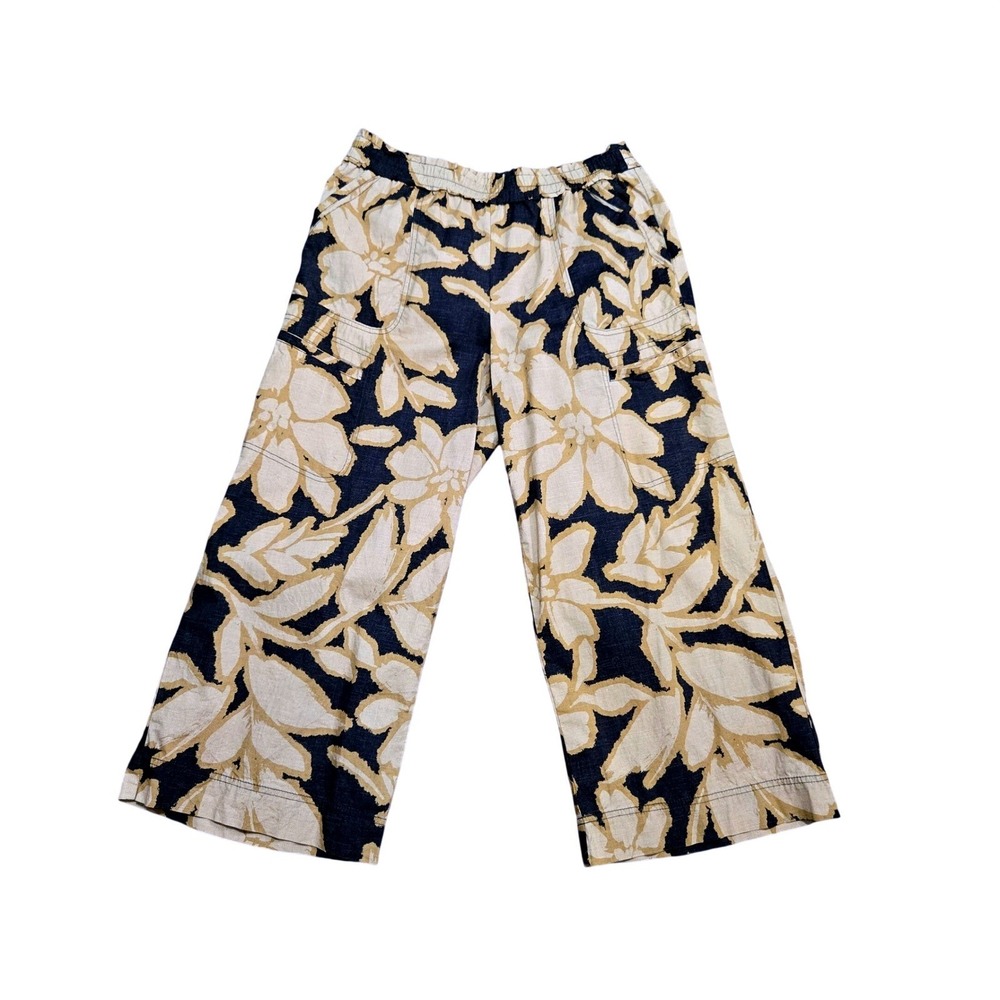 Democracy Wide Leg Crop Pants Tan Black Floral Pull On Elastic Waist Relaxed 12